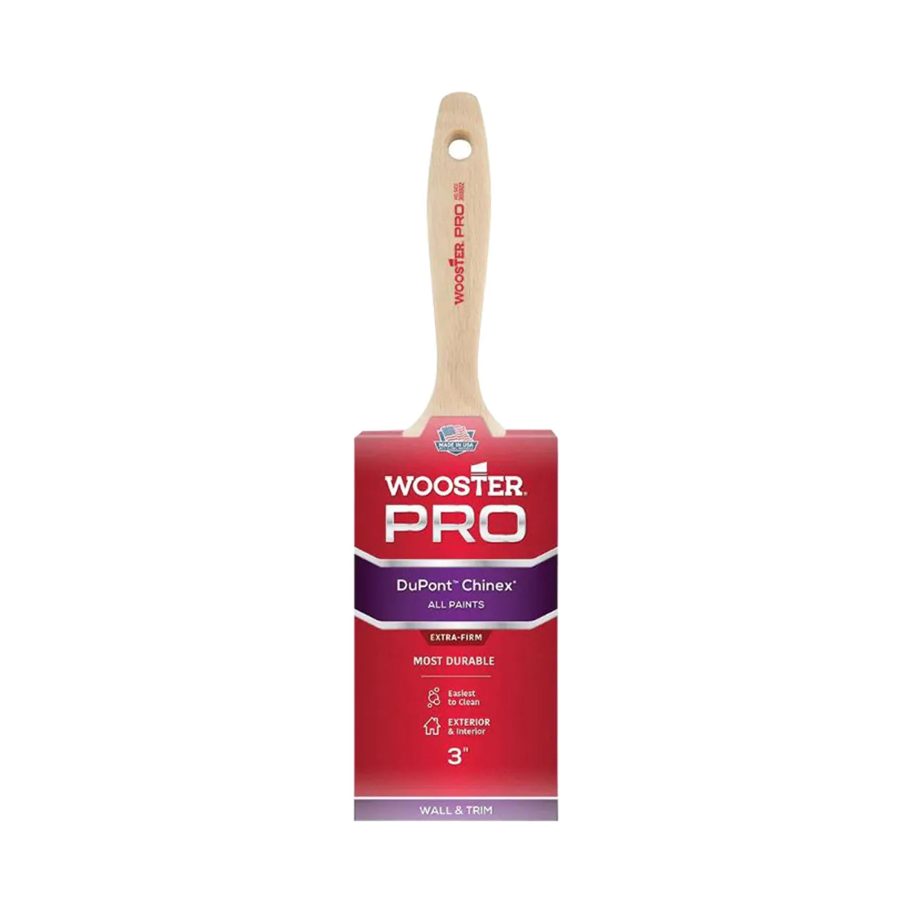 The Go Build 3 in. Pro Chinex Flat Brush, with a durable hardwood handle and DuPont Chinex filament, comes in striking red and purple packaging. This extra firm brush is ideal for all paints, making it perfect for both interior and exterior projects.